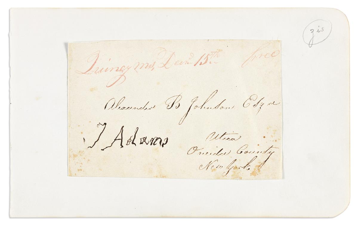 ADAMS, JOHN. Franking Signature, J Adams, on an address panel,